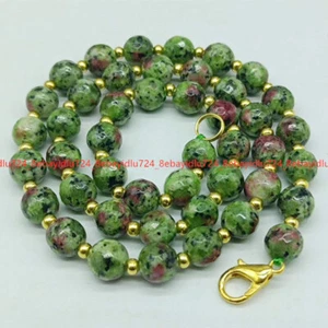Natural 8mm Faceted Red Green Zoisite Gemstone Round Beads Necklace 18" - Picture 1 of 12