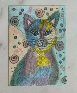 Aceo Original Art Trading Card, pastel happy colored  cat, By Sommer Rayn - Picture 1 of 3