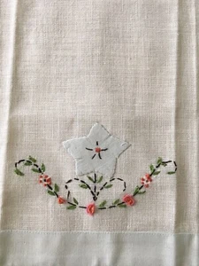 Vintage Linen Embriodered Tea Towel Blue Edge - Picture 1 of 2