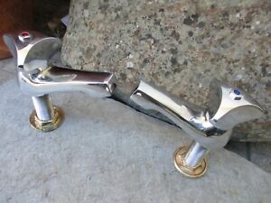 Vintage Brass Chrome Pair Art Deco Tap Faucet 1/2"  Wash Basin Sink Hot & Cold 