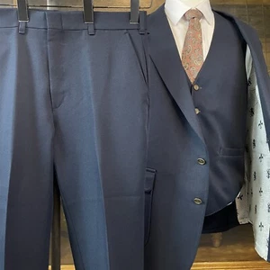 VTG JC Penny Comfort Blazer 46R 36 x 30 USA MADE 3Pc Navy Polyester 2Btn Suit - Picture 1 of 14