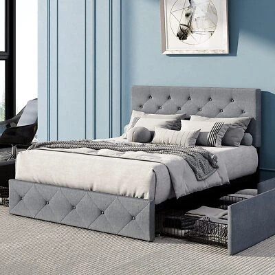 Queen Size Platform Storage Bed with 4 Drawers & Adjustable Headboard,Light Grey Foto 1 de 4