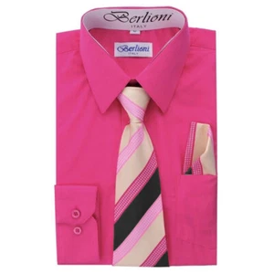 Boys Long Sleeve Dress Shirt Matching Tie & Hanky Toddler Kids Button Up Set - Picture 1 of 26