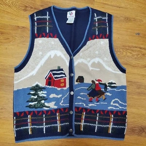 Vintage Nut Cracker Womens Sweater Vest Navy Ice Skating Snowy Winter Scene Sz L - Picture 1 of 10
