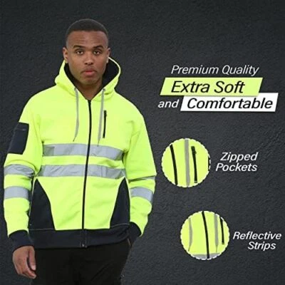 Hi Viz Vis High Visibility Hoodie Jacket Zip Pocket Pullover Contrast Hooded Top - Image 1 of 4