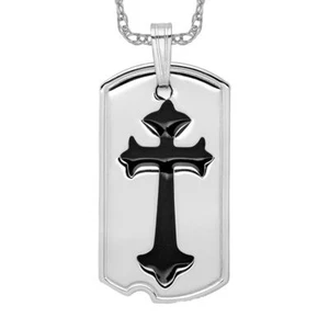 925 Sterling Silver Black Cross Dog Tag Necklace - Picture 1 of 12