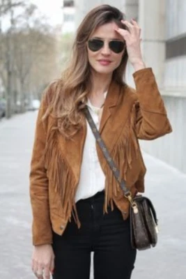 Women American Native Western Suede Leather Jacket Fringed - Brown - Image 1 of 4
