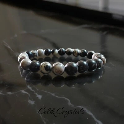 Pulsera elástica de tela de araña negra de jaspe de 8 mm con piedras naturales Foto 1 de 4