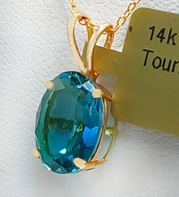 LAB CREATED  2.96  Cts TOURMALINE PENDANT 14k YELLOW  GOLD - New With Tag - Image 1 of 4