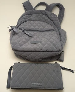 Womens Vera Bradley Essential Compact Gray Backpack Bag Carbon With Wallet - Picture 1 of 9