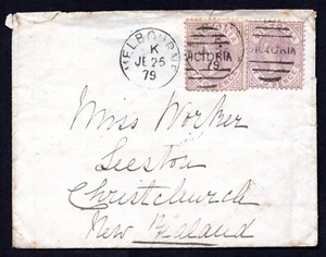 AUSTRALIA 1879 NEW ZEALAND EARLY VICTORIA FRANKED COVER TWO PENCE PAIR TIED - Picture 1 of 2