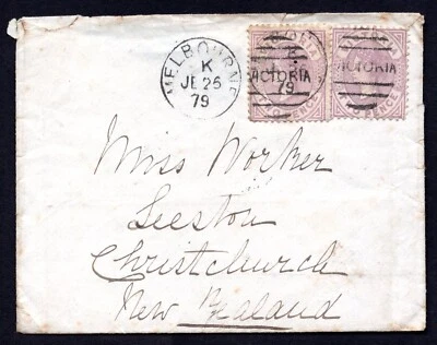 AUSTRALIA 1879 NEW ZEALAND EARLY VICTORIA FRANKED COVER TWO PENCE PAIR TIED - Image 1 of 2