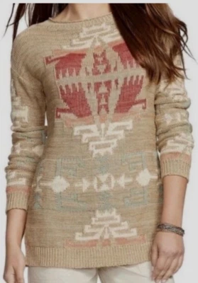 Suéter Lauren Ralph Lauren Southwestern Talla SP Lino Algodón Tostado Túnica Azteca Foto 1 de 4