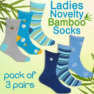 Damen 3 Paar Bambus Viskose blau Sommer Biene Blume halbhohe Streifen Größe 4-8 UK - Bild 1 von 10