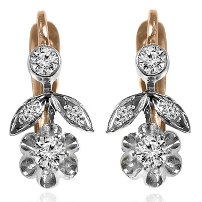 Pendientes estilo vintage de diamantes genuinos de oro rosa y blanco macizo de 14k #E1504 Foto 1 de 4