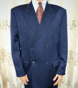 1970s Vintage all worsted handtailored Bespoke db gangster navy retro suit 44R - Picture 1 of 14