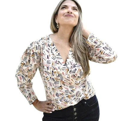 Blusa Camisa Top Cabi Marni XXL Cuello en V Chifón Estampado Geométrico Tostado Foto 1 de 4