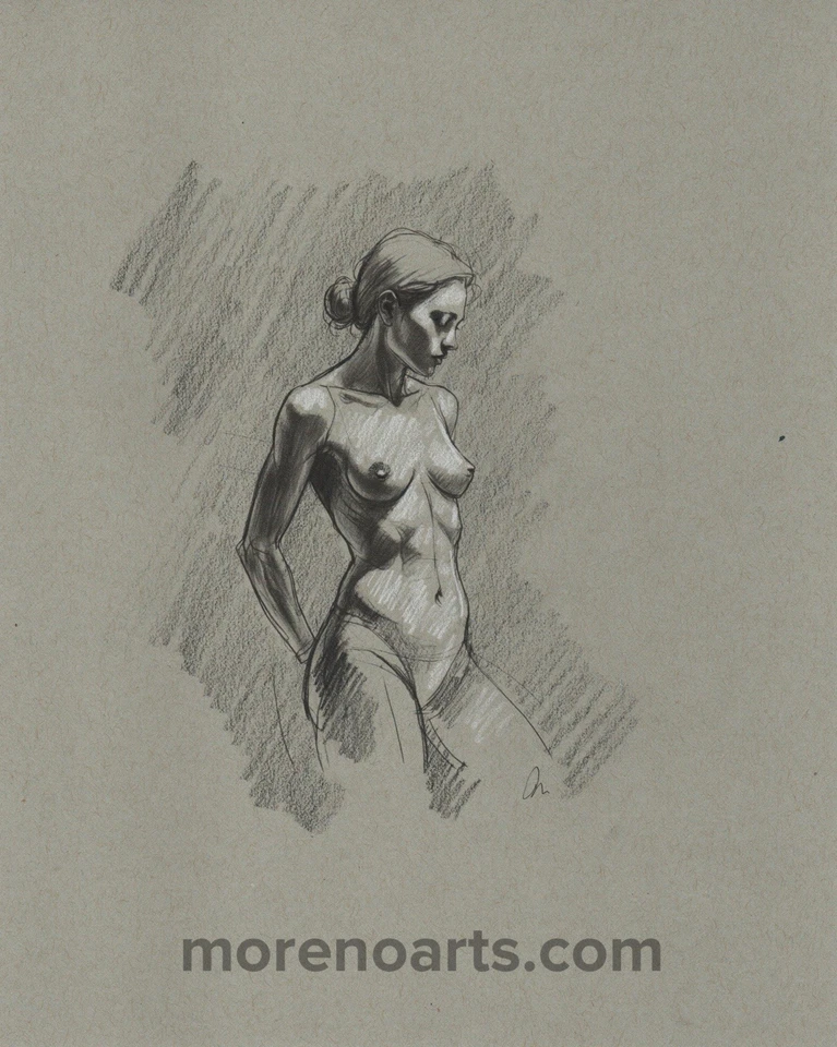 Figura Clásica Desnuda Femenina Original 8x10 Estudio Medios Mixtos Tinta Dibujo Foto 1 de 1