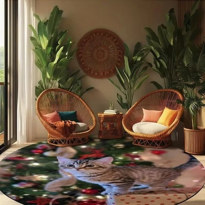 Alfombrilla plana 2D no redonda 3D. Caja de regalo árbol de Navidad escena de gato acogedora vacaciones H Foto 1 de 4