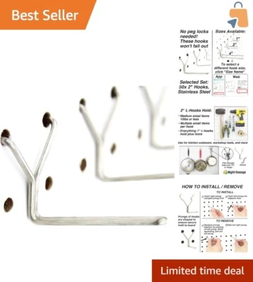 Adjustable 2" Pegboard Hooks 50-Pack - Secure, Stainless Steel Organization - Image 1 of 4