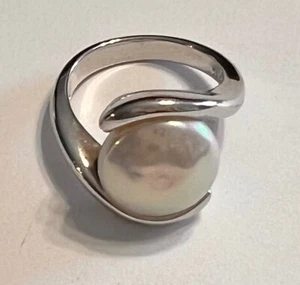 STERLING Cultured Coin Pearl Bypass Ring (Size 6) - Picture 1 of 5