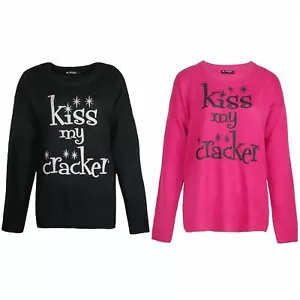 Brave Soul Womens Kiss My Cracker Xmas Jumper Glitter Slogan Ladies Sweaters - Picture 1 of 12