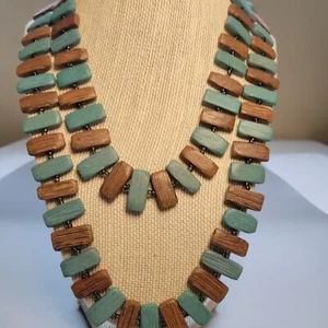 Vintage Wooden Rectangle Beaded 2-Tier Boho Tribal Necklace Brown Turquoise 27" - Picture 1 of 10