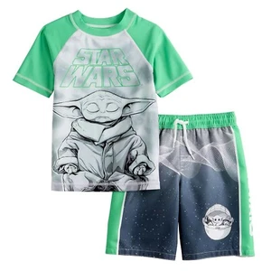 Baby Yoda Swim Trunks Rash Guard Swimsuit Set Short Star Wars Grogu Boys Sz 4 - Picture 1 of 5