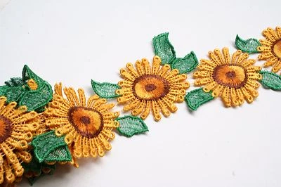 Embroidered Lace Sunflower 1",2",3" Brown Yellow Black Green sold by 12"(30 cm) - Image 1 of 4