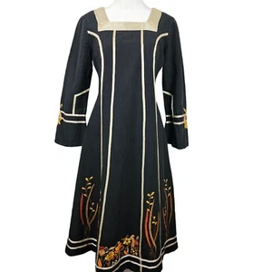 Midi Dress Designer Josefa Ibarra "Miraflores" Hand Embroidered Vtg Caftan Black - Picture 1 of 24