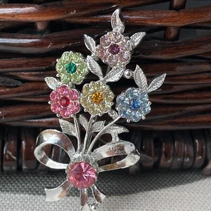 Vintage Blumenstrauß Brosche silberfarben Diamanten Strass Blumen - Bild 1 von 5