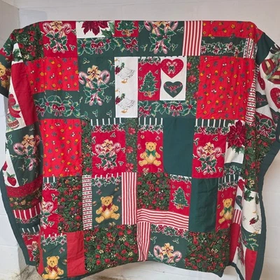 Edredón de Navidad hecho a mano tamaño doble retazos oso bastón de caramelo árboles ganso festivo Foto 1 de 4