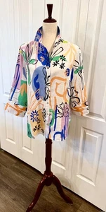 Chico's Size 2 (12) 100% Linen Blouse, Fun Vibrant Artsy Print, Button Up - Picture 1 of 10