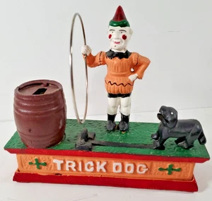 Vintage Ghisa Trucco Cane Circo Clown Meccanico Monete Bank Funzionante - Foto 1 di 9