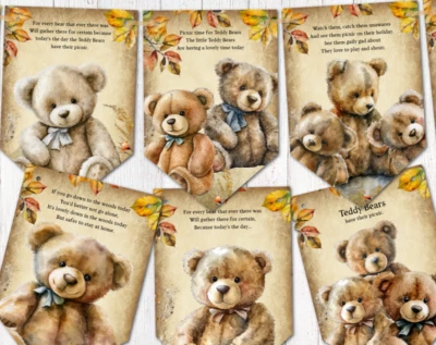 CUSH-N-CRAFT Vintage Style Teddy Bears Picnic Teddy Bear Bunting/Banner & Ribbon