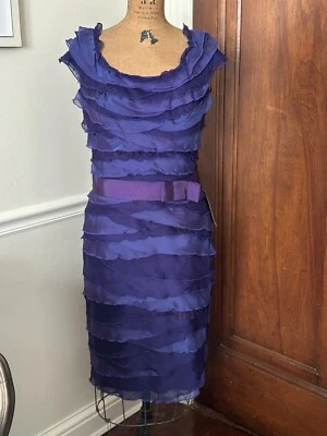 NOVO! Vestido Tadashi Shoji roxo seda poli camadas babado com cinto TAM: 12 ETIQUETAS! - Imagem 1 de 4