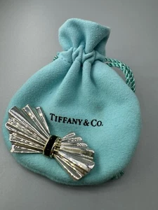 Tiffany&Co 925 Silver/14k Gold Blue Sapphire Princess Ribbon Bow Pin Brooch 14g - Picture 1 of 22