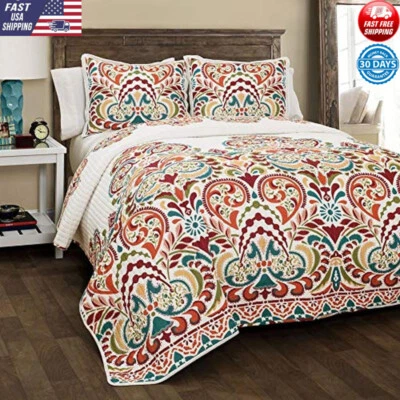 Juego de edredón reversible de 3 piezas de algodón floral geométrico ropa de cama completa queen duradero nuevo Foto 1 de 4