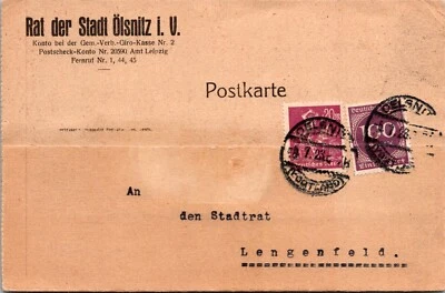 GERMANY 1923 INFLATION ERA OFFICIAL POSTCARD ADDR LENGENFELD CANC OELSNITZ - Image 1 of 2