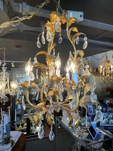 1960s Gilt Metal and Crystal Four Light Hollywood Regency Tole Chandelier - Picture 1 of 12