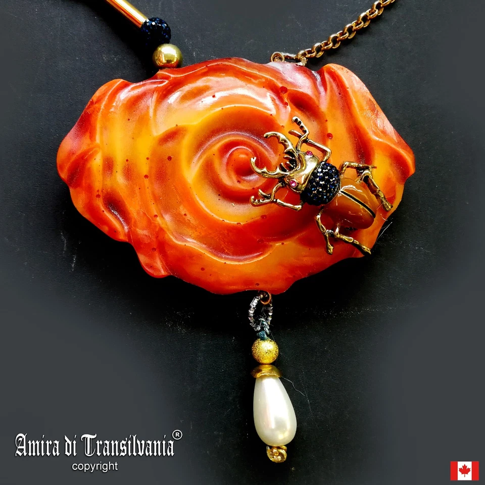 Orange Blossom Necklace Jewelry Scarab Insect Chain Flower Brutalist Modernist - Image 1 of 4