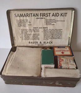 Vintage First Samaritan Aid Kit Kendall Co.  Tin case Some original supplies - Picture 1 of 19