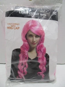 Adult Women Pink Long Curly Wig Shiny Free Styling Synthetic Side Bangs Hot Pink - Picture 1 of 11