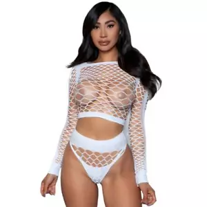 Diamond Net kurzes Top Booty Shorts Set Langarm hoher Ausschnitt weiß 2155 - Bild 1 von 4