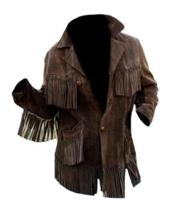 Men Western Cowboy Suede Fringe Jacket Native American Fringe Leather Jacket - Picture 1 of 5