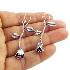 Long Rose and Stem Solid 925 Sterling Silver Dangling Earrings - Picture 1 of 5
