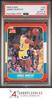 1986 FLEER #131 JAMES WORTHY RC LAKERS HOF PSA 7 DNA AUTO 10 - Image 1 of 2
