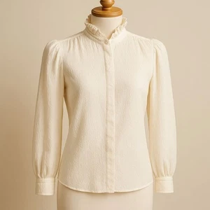 Francesca of Damon for Starington Silk Blouse Cream Textured Ruffle Neck Size 6 - Imagen 1 de 16