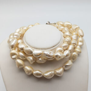 Vtg Sterling Silver Jumbo Baroque Pearl Triple Strand Necklace Collar Genuine 