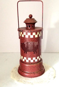 Farmhouse Pig Decor Lantern Style Light Distressed Metal Table Top Hanging - Picture 1 of 13